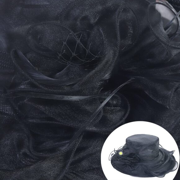 Womens Church Kentucky Derby Hat Black Wide Brim Tea Party Wedding 7171